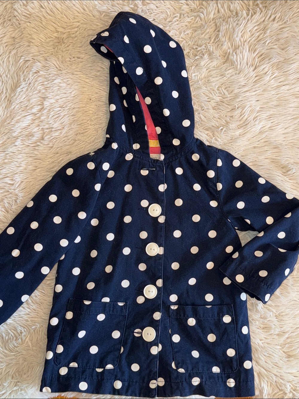 Navy Polka Dot Hooded Button Jacket Old Navy size 4T